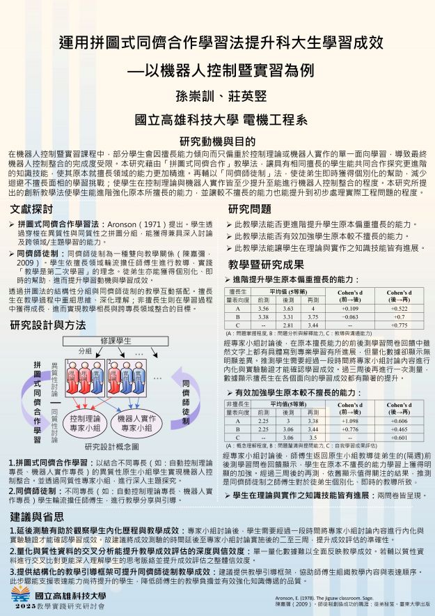 【EC-05】運用拼圖式同儕合作學習法提升科大生學習成效 —以機器人控制暨實習為例