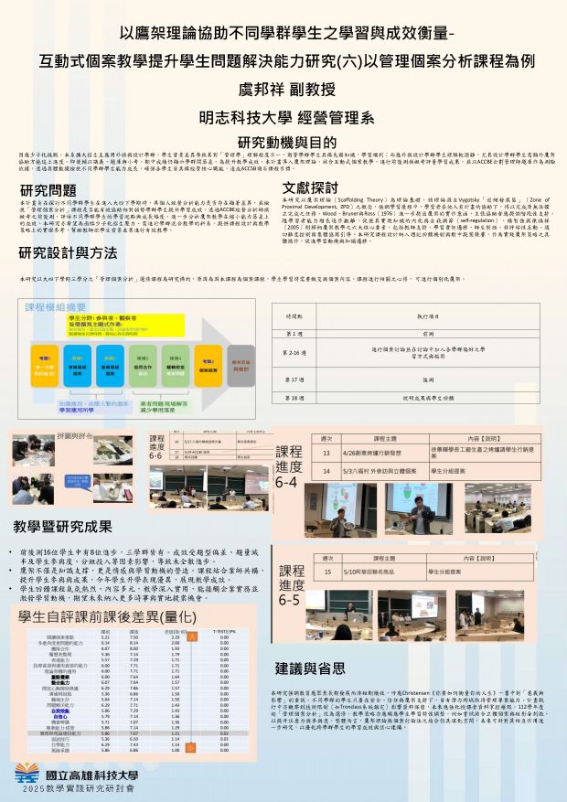 【DC-04】以鷹架理論協助不同學群學生之學習與成效衡量- 互動式個案教學提升學生問題解決能力研究(六)以管理個案分析課程為例
