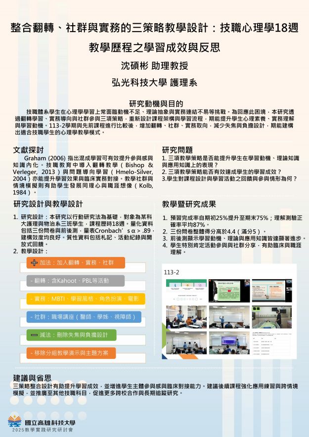 【BC-01】整合翻轉、社群與實務的三策略教學設計：技職心理學18週教學歷程之學習成效與反思