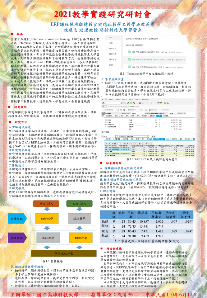 【DC-04】ERP課程採用翻轉教室與遠距教學之教學成效差異