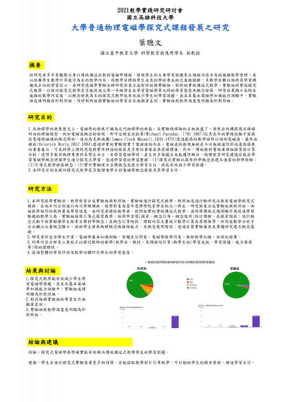 【FP-01】大學普通物理電磁學探究式課程發展之研究