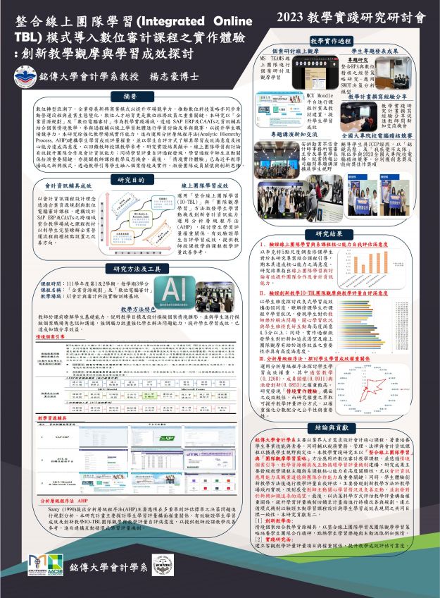 【DC-01】整合線上團隊學習(Integrated Online TBL)模式導入數位審計課程之實作體驗:創新教學觀摩與學習成效探討