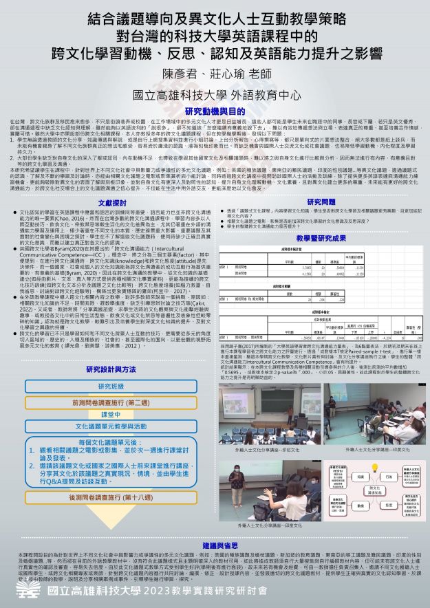 【BP-10】結合議題導向及異文化人士互動教學策略對台灣的科技大學英語課程中的跨文化學習動機、反思、認知及英語能力提升之影響