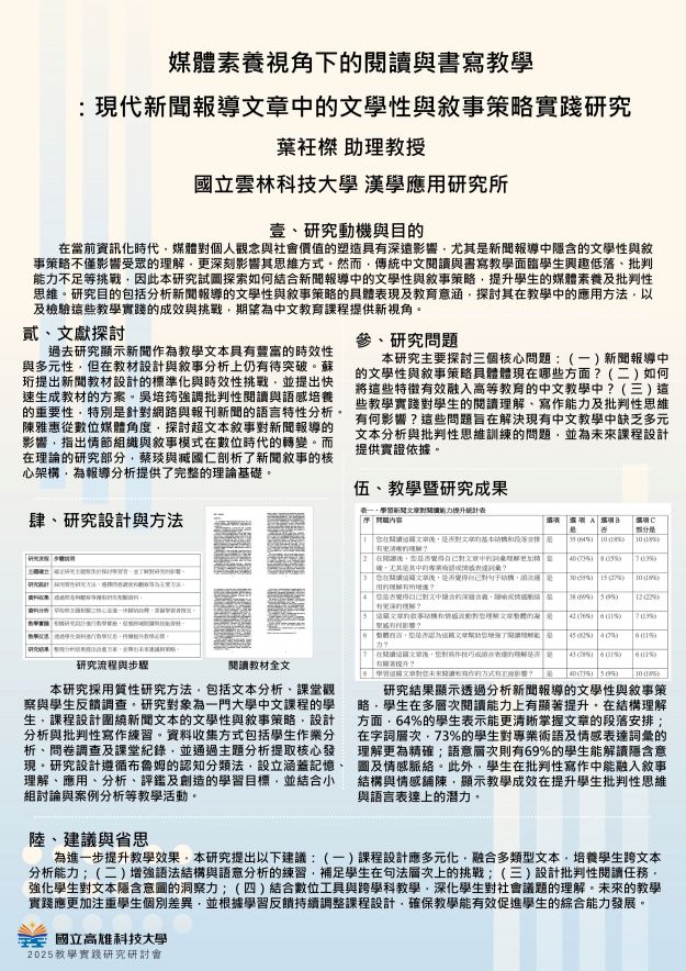 【AC-03】媒體素養視角下的閱讀與書寫教學：現代新聞報導文章中的文學性與敘事策略實踐研究